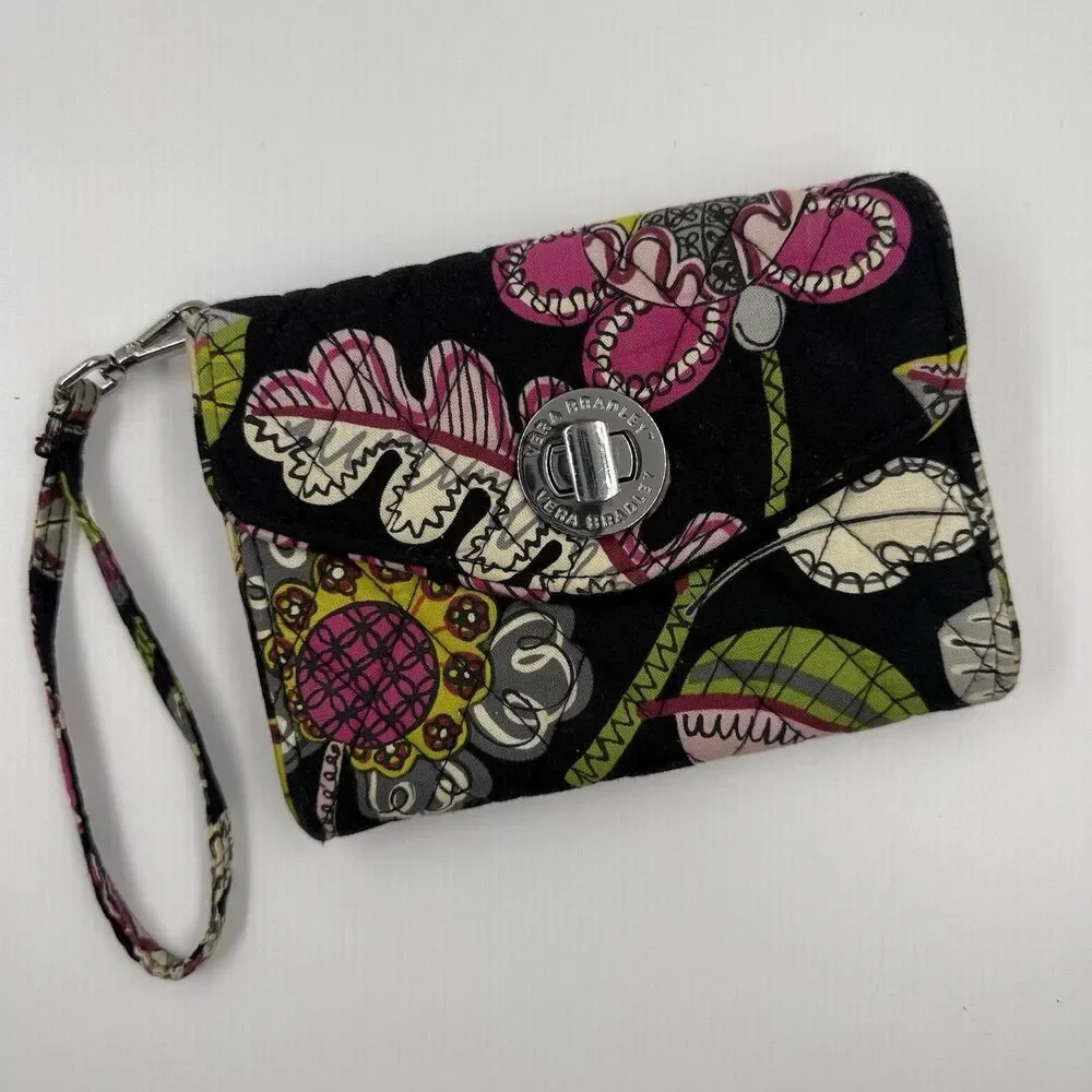 Vera Bradley Wallet Black Pink Turnlock Moon Blooms Quilted Zip Around